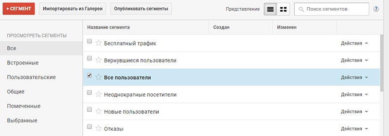 Настройка сегментов google analytics скрин